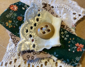 Colorful Snippets, Fabric Clusters, Slow Stitch, Junk Journal Embellishments, Layered Lace, Fabric, Buttons in Green, Brown and Cream