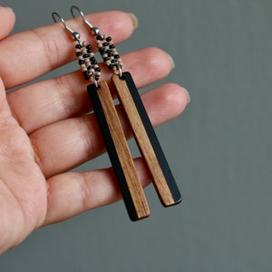 Wood and Bead Long Earrings - Black and Wood Earrings