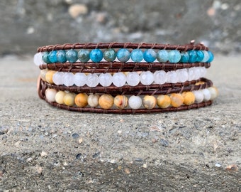 Beaded Wrap Bracelet, Boho Jewelry, Leather Wrap Bracelet, Natural Gemstone Bracelet, Healing Stone Jewelry, Gifts for her, Stocking Stuffer