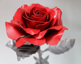 Red silk steel handmade metal rose, NEW bigger bloom, flower Sculpture, 15th Wedding anniversary, partner gift, Rugby fan rose FREE shipping