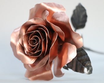 Copper coloured steel handmade rose, flower Sculpture NEW design, large bloom 11th Wedding anniversary, Blacksmith forged, FREE shipping