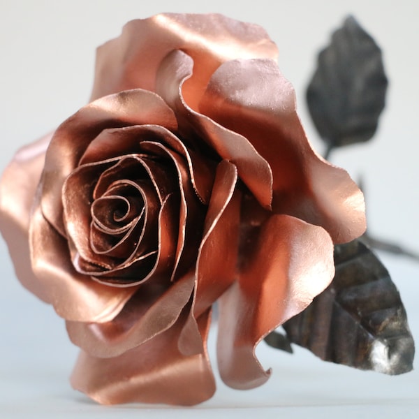 Kupfer Farbe Stahl handgemachte Rose, Blume Skulptur NEUES Design, große Blüte 11.Hochzeitstag, Schmied geschmiedet, Versandkostenfrei