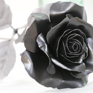 Black Silk handmade steel metal rose,  flower Sculpture NEW bigger bloom, 15th Wedding anniversary, blacksmith forged flower,  FREE shipping