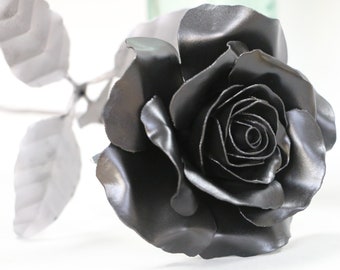 Black Silk handmade steel metal rose,  flower Sculpture NEW bigger bloom, 15th Wedding anniversary, blacksmith forged flower,  FREE shipping
