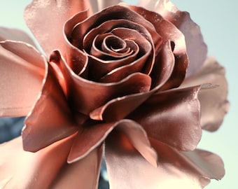 Copper coloured steel handmade rose, flower Sculpture NEW design, large bloom 11th 7th Wedding anniversary, Blacksmith forged, FREE shipping