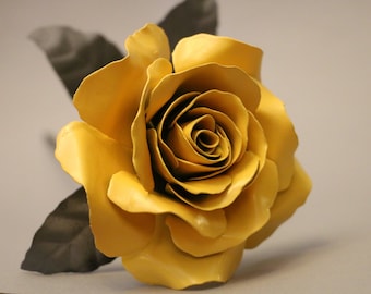 Yellow steel metal handmade rose, NEW larger BLOOM, sculpture for 1st Wedding anniversary, blacksmith forged flower with FREE delivery