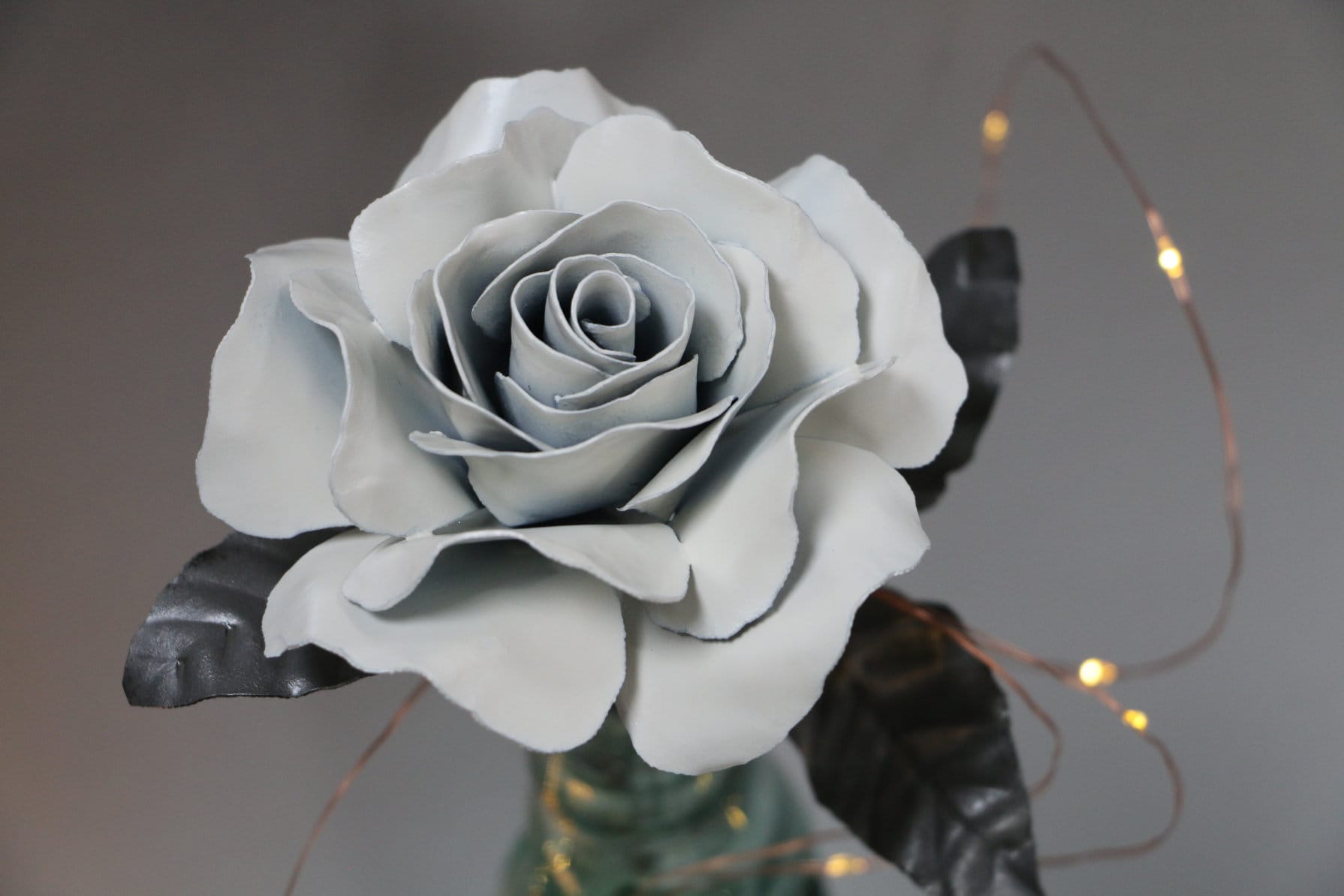 White Satin steel metal handmade rose flower Sculpture NEW larger bloom redesign 2nd Wedding anniversary, Blacksmith flower FREE posting