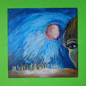 Cuadro original "Luna rosa de abril" acrílico de 40x40, único sobre cartón entelado negro. Perfecto para decorar cualquier espacio