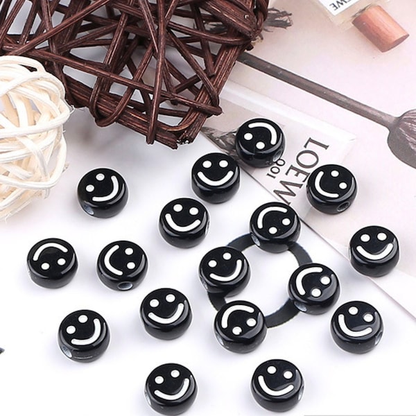 Black Flat Round Acrylic with White Smiley Face Beads (4mm x 7mm)