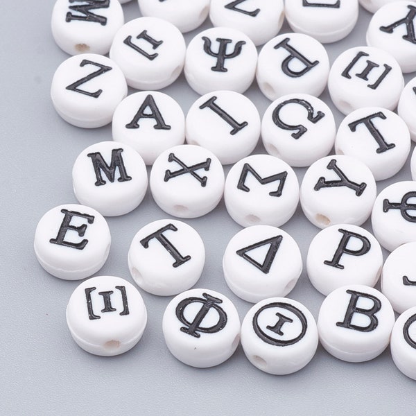 White Flat Round Bead Black Greek Letter Acrylic Flat Heart Letter beads for Jewelry and Crafting DIY (7 x 7 x 4 mm)