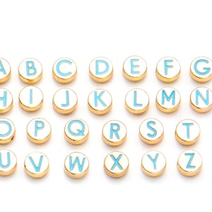 Light Blue Metal Round Letters Beads (8x3.5mm), Round Letter Charms Enamel Charms Letter Pendant