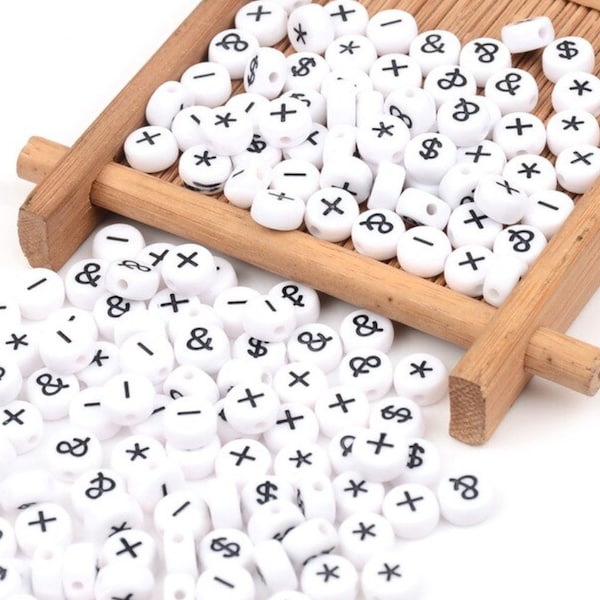 White Flat Round Acrylic with Black Ampersand Asterisk, Plus, Minus, Dollar Sign Symbol Beads (4mm x 7mm)