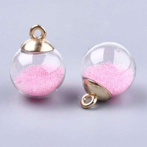 Pink Purple White Transparent Glass Globe Orb with Glass Micro Beads Jewelry and Crafting (21.5 x 16mm) DIY