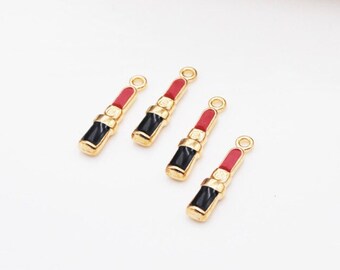 Pink Red Lipstick Enamel Charm Oil Drop Style Zinc Alloy Pendant (3mm x 19mm)