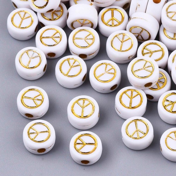 White Flat Round Acrylic with Gold Peace Sign Beads (7mm x 4mm)