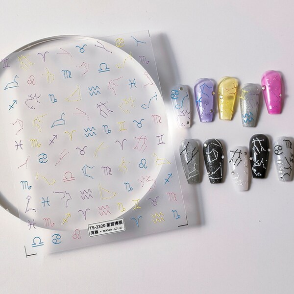 Cute Star Signs in Black/White or Pastel Rainbow, Astrology Themed Nail Art Stickers (Available in 2D and 3D)