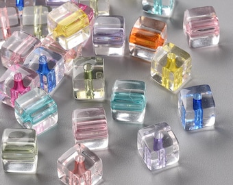 Transparent Acrylic Cube with Colored Center Bead  ( 8x7.5x7.5mm, Hole: 1.8mm)