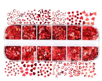 6 Red Themed Glitter Flake Set, Valentines Day Set #2 for Nail Art, DIY  (3mm-6mm)