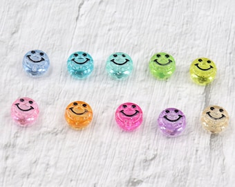 10MM Transparent Clear Rainbow Colored Flat Round Smiley Face Beads