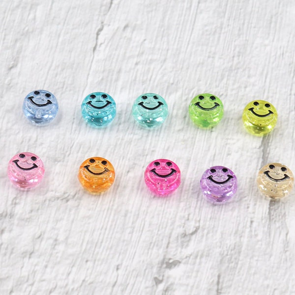 10MM Transparent Clear Rainbow Colored Flat Round Smiley Face Beads