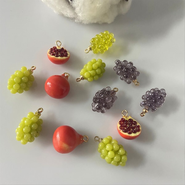 Cute Red Pomegranate, Green Purple Grapes Resin Charms