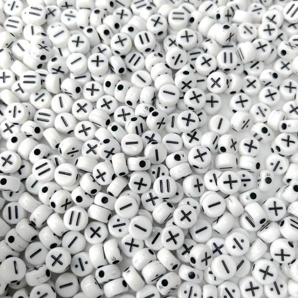 White Flat Round Acrylic with Plus, Division, Equal, Minus Mathematical Sign Symbol Beads (4mm x 7mm)