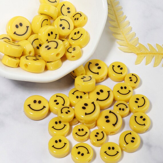 VERTICAL HOLE Yellow Flat Round Smiley Face Beads  6mm/8mm/10mm/12mm/14mm/16mm 