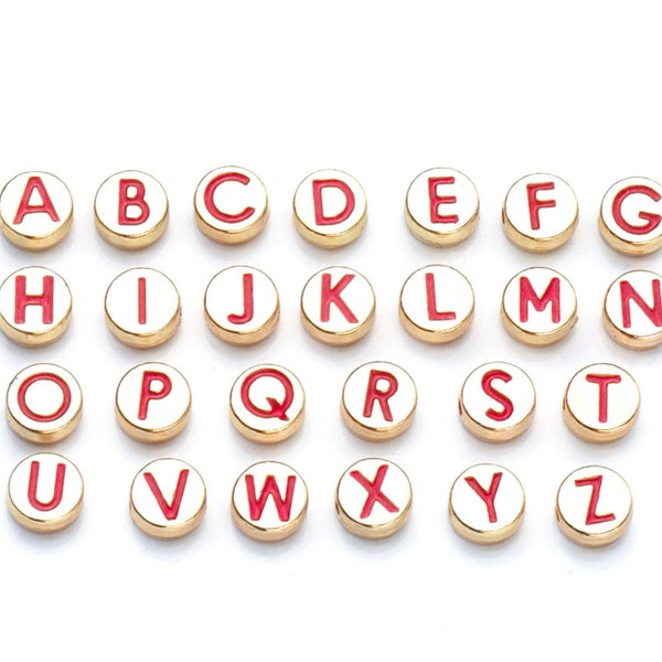 Red Metal Round Letters Beads (8x3.5mm), Round Letter Charms Enamel Charms Letter Pendant