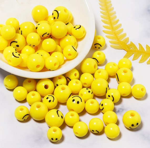 10mm Acrylic Smiley Face Beads, Yellow Smileys, Acrylic Jewelry Beads,  Beads for Kids, Craft Beads, Smiley Face Beads 100 Beads per Pack 