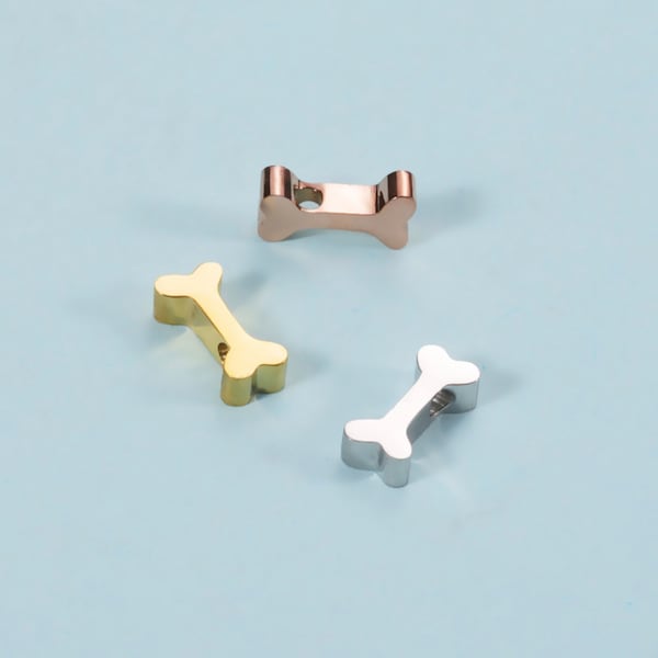 Silver, Gold, Rose Gold Stainless Steel Dog Bone Charms (5mm x 10.5mm x 3mm, hole: 1.8mm)
