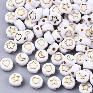 White Flat Round Acrylic with Gold Flower, Star, Moon, Heart Beads (7MM x 4MM)