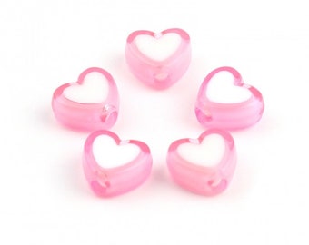 8MM Light Pink Acrylic Heart with White Middle Spacer Beads with Vertical Hole