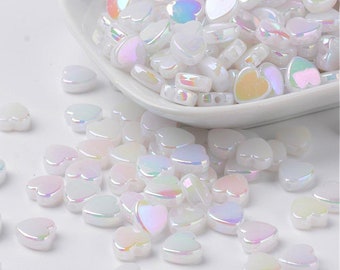 Perles d'espacement en forme de coeur en acrylique transparent blanc laiteux AB de 8 mm avec trou vertical