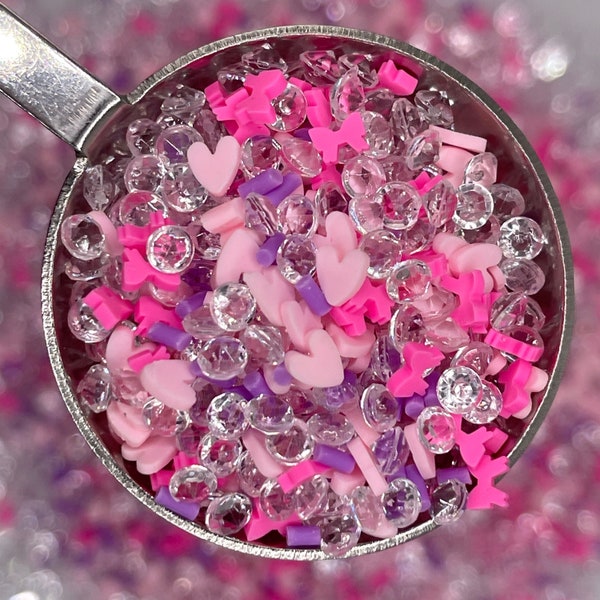 FAKE Pink Heart and Bow Rhinestone Polymer Clay Sprinkle Mix (NOT EDIBLE) D6-33