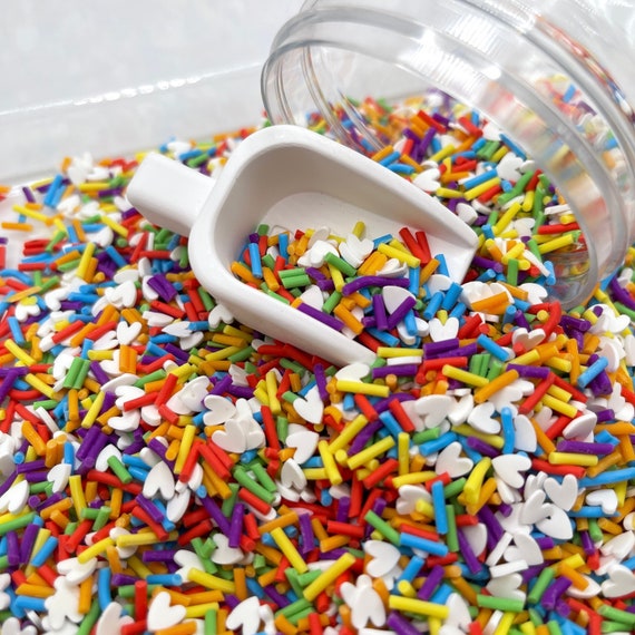 Rainbow Sprinkles with White Hearts Polymer Clay Sprinkle Mix (NOT EDIBLE)  D8-18