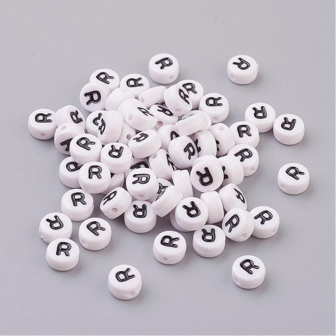 Letter R Alphabet Beads, White Beads With Black Letters 7MM 