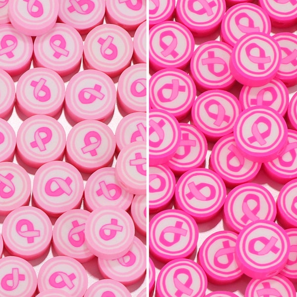 Pink Cancer Ribbon Themed Polymer Clay Beads