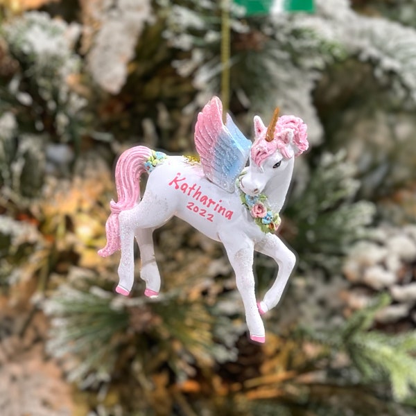 Unicorn Christmas Ornament Personalized Pink Glitter Custom Classic Sparkle Unicorn Pegasus | Birthday Gift for Little Girl Elegant Unicorn