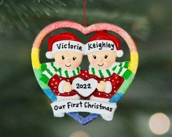 Personalized Female Same Sex Couple| Rainbow Heart Christmas Ornament  Lesbian Couple Ornament | Our First Christmas Ornament | Gay Pride