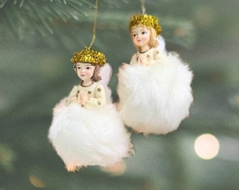 Angel Christmas Ornament | Fluffy German Praying Angel Christmas Ornament | Soft Faux Fur Little Girl Angel Ornament | Blonde Brunette Angel