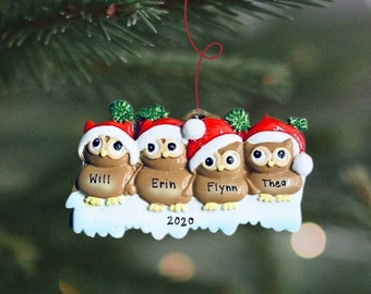 Owl Family Of Four Personalized Christmas Ornament | Family Of 4 Christmas Ornament | Owl Family Ornament | Owl Gift | Roommate Ornament