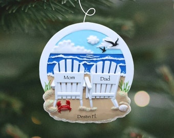 Personalized Beach Chair Couple Ornament | Family of Two Ornament | Beach Christmas Ornament | Beach Vacation | Christmas Vacation Honeymoon