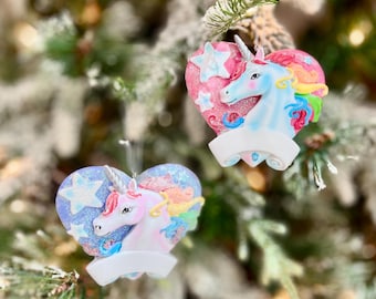 Personalized Unicorn Christmas Ornament | Glitter Heart Rainbow Mane | Whimsical Magical Gift for Girls