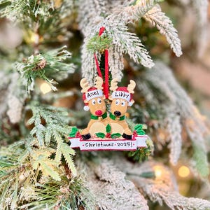 May include: A Christmas ornament featuring two reindeer with the names "Axel" and "Libby" on their hats. The reindeer are wearing green scarves and are sitting on a bed of holly. The ornament has a banner that reads "Christmas 2025!"