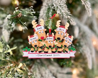 Personalized Reindeer Family Of 5 with Bells Christmas Ornament | Reindeers Keepsake