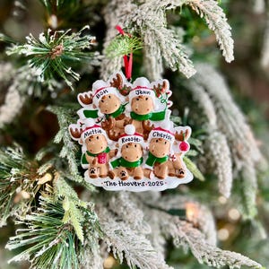 Personalized Reindeer Family Of 5 Christmas Ornament with Cocoa and Candy Canes