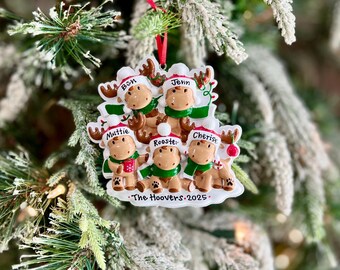 Personalized Reindeer Family Of 5 Christmas Ornament with Cocoa and Candy Canes