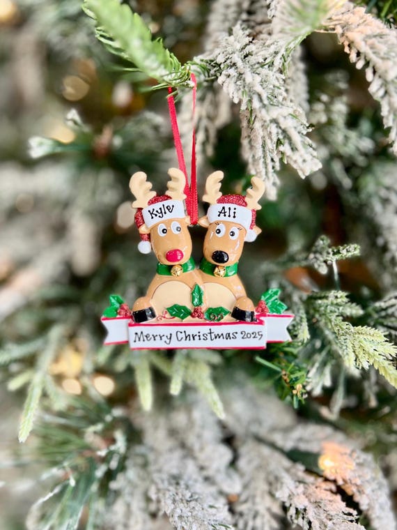 Hand-Personalized Reindeer Couple Ornament | Our First Christmas Keepsake | Engaged