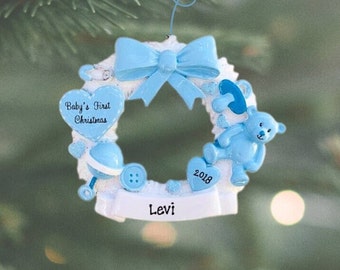 Baby’s First Christmas Ornament Personalized | Newborn Baby Boy Gift | Custom Christmas Gift | Blue Wreath Ornament | Baby Shower Gift