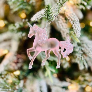 Unicorn Christmas Ornament Personalized Pink Glitter Custom Classic Sparkle Unicorn | Matte Translucent Pink Birthday Gift for Little Girl